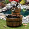 image2Tier Barrel Waterfall Fountain Outdoor Rustic wHand Pump ampamp Adjustable Water Flow Solid Wood Garden Decor Cascading Water Fountain for Garden Backyard Patio Porch Yard