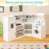 imageCorner Wooden Play Kitchen Set for Kids wLights ampamp Sounds Toy Kitchen Set wChef Suit Set Toddler Kitchen wIce Make Washing Machine Microwave Sink Kids Kitchen Playset for 3 Toddlers WhiteWhite