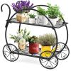 imageGRAFFY Metal Plant Stand 2 Tiered Garden Cart Shelf with 4 Decorative Wheels Parisian Style Flower Pot Holder Display Shelf for Home Patio Garden Flower Shop