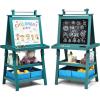 imageArt Easel for Kids Wooden Standing Painting Easel wWhite Board ampamp Chalkboard Paper Roll Magnetic Beads Pigment Cups 2Tier Rack with 2 Storage Bins DoubleSided Toddler Easel WhiteBlue