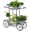 imageGRAFFY Garden Cart Metal Stand with 4 Decorative Wheels Flower Pot Holder Display Shelf Plant Display Rack Multifunctional Storage Organizer Shelf for Home Living Room Balcony Patio Garden