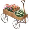 imageWooden Wagon Planter Decorative Garden Wheelbarrow Planter with 2 Planting Sections Rolling Wheels Adjustable Handle Small Wagon Cart Planter Stand for Flowers Vegetables Herbs GreenBrown