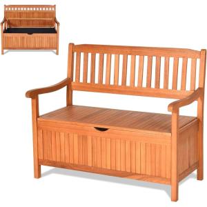 image33 Gallon Outdoor Bench with Storage Wooden Patio Deck Box with Removable Lining ampamp Portable Handles ampamp Backrest ampamp Armrests Patio Storage Bench for Porch Park Yard Backyard Balcony Poolside