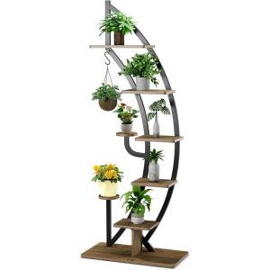 image6 Tier Metal Plant Stand Half Moon Shape Plant Shelf Indoor wHanger ampamp AntiToppling Device MultiPurpose Tall Flower Stand Curved Rack for Home Living Room Balcony BlackBlack