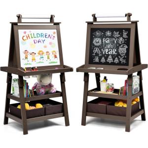 imageArt Easel for Kids Wooden Standing Painting Easel wWhite Board ampamp Chalkboard Paper Roll Magnetic Beads Pigment Cups 2Tier Rack with 2 Storage Bins DoubleSided Toddler Easel WhiteCoffee