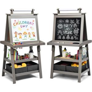 imageArt Easel for Kids Wooden Standing Painting Easel wWhite Board ampamp Chalkboard Paper Roll Magnetic Beads Pigment Cups 2Tier Rack with 2 Storage Bins DoubleSided Toddler Easel WhiteGrey