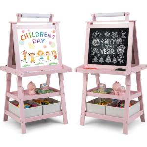 imageArt Easel for Kids Wooden Standing Painting Easel wWhite Board ampamp Chalkboard Paper Roll Magnetic Beads Pigment Cups 2Tier Rack with 2 Storage Bins DoubleSided Toddler Easel WhitePink