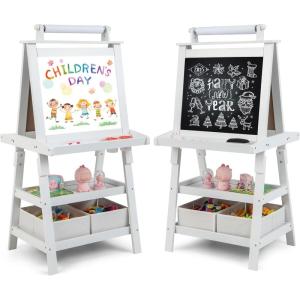 imageArt Easel for Kids Wooden Standing Painting Easel wWhite Board ampamp Chalkboard Paper Roll Magnetic Beads Pigment Cups 2Tier Rack with 2 Storage Bins DoubleSided Toddler Easel WhiteWhite