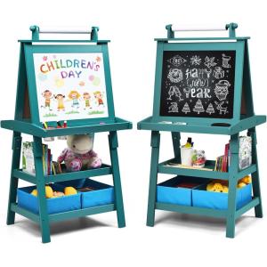imageArt Easel for Kids Wooden Standing Painting Easel wWhite Board ampamp Chalkboard Paper Roll Magnetic Beads Pigment Cups 2Tier Rack with 2 Storage Bins DoubleSided Toddler Easel WhiteBlue
