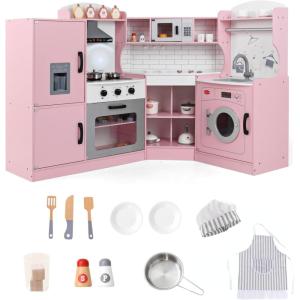 imageCorner Wooden Play Kitchen Set for Kids wLights ampamp Sounds Toy Kitchen Set wChef Suit Set Toddler Kitchen wIce Make Washing Machine Microwave Sink Kids Kitchen Playset for 3 Toddlers WhitePink