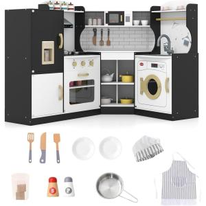 imageCorner Wooden Play Kitchen Set for Kids wLights ampamp Sounds Toy Kitchen Set wChef Suit Set Toddler Kitchen wIce Make Washing Machine Microwave Sink Kids Kitchen Playset for 3 Toddlers WhiteBlack