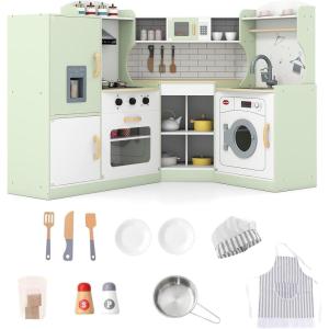 imageCorner Wooden Play Kitchen Set for Kids wLights ampamp Sounds Toy Kitchen Set wChef Suit Set Toddler Kitchen wIce Make Washing Machine Microwave Sink Kids Kitchen Playset for 3 Toddlers WhiteGreen
