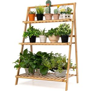 imageFolding 3Tier Bamboo Ladder Plant Stand Indoor ampamp Outdoor Flower Pot Organizer Holder w Stable Frame Plant Shelf Display Rack for Balcony Patio Garden Living Room