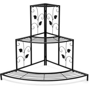 imageGRAFFY 3 Tier Metal Plant Stand Flower Pot Rack Ladder Plant Display Rack Quarter Round Plant Corner Shelf Planters Display Holder for Indoor Outdoor Use Black