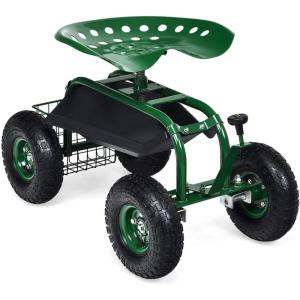 imageGRAFFY Garden Cart wWheels Mobile Rolling Work Seat wTool Tray and Basket Lawn Wagon Cart with Rotating and Adjustable Seat Patio Yard Stool Cart Green