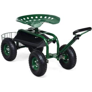 imageGRAFFY Garden Cart wWheels Rolling Gardening Stool Cart Mobile Rolling Work Seat wTray and Basket Lawn Cart with Rotating and Adjustable Seat Patio Yard Stool Cart with Adjustable Handle