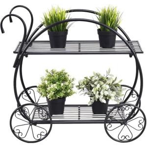imageGRAFFY Metal Plant Stand 2 Tiered Garden Cart Shelf with 4 Decorative Wheels Parisian Style Flower Pot Holder Display Shelf for Home Patio Garden Flower Shop