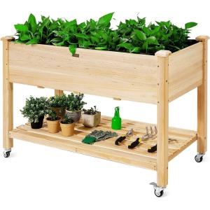 imageGRAFFY Raised Garden Bed with Lockable Wheels Mobile Elevated Wood Planter Box wShelf Wood Planter Box with Legs Liner Drain Holes Outdoor Planting Bed Planting Container for Patio Backyard