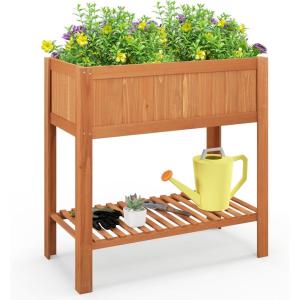 imageGRAFFY Raised Garden Bed with Shelf Raised Planter Box with Legs Wood Elevated Planter Box with Drain Holes Outdoor Planting Bed for Vegetable Flower Planting Container for Grass Lawn Patio