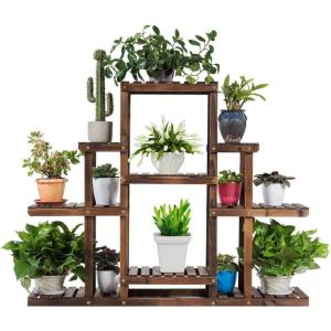 imageGRAFFY Wood Plant Stand 6Tier Flower Pot Holder Bonsai Display Shelf with Hollow Design Outdoor Indoor Flower Rack Multifunctional Storage Rack for Yard Garden Patio Balcony Living Room