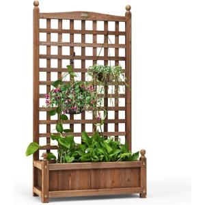 imageGRAFFY Wood Planter Raised Bed with Trellis Outdoor Raised Garden Bed Planter Box for Climbing Plants wDrainage Holes FreeStanding Raised Planter for Patio Garden Yard