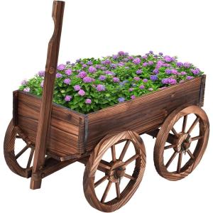 imageGRAFFY Wood Wagon Wooden Flower Planter with Handle and Wheels Decorative Planter Flower Pot Holder for Patio Balcony Lawns Backyard Decor