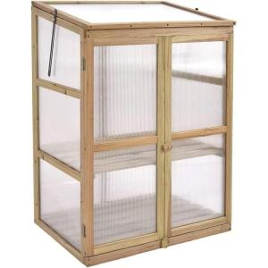 imageGRAFFY Wooden Garden Greenhouse Portable Cold Frame Mini Greenhouse Kit with Foldable Top and Side Doors Raised Bed Protective Planter with Double Shelves Greenhouses for Porch Backyard Balcony