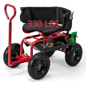 imageGarden Cart Outdoor Rolling Garden Scooter wRemoval Cushion ampamp Tool Tray Storage Basket Gardening Tools wSeat Adjustable Height ampamp Extendable Handle for Patio Yard RedRed
