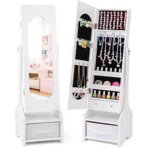 imageKids Jewelry Armoire Cabinet Children Dressing Organizer with Mirror FullLength ampamp 3 Storage Drawers Free Standing Princess Make Up Vanity for Girls Room Bedroom PinkWhite