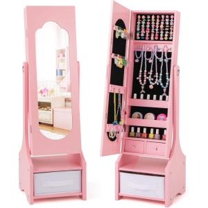 imageKids Jewelry Armoire Cabinet Children Dressing Organizer with Mirror FullLength ampamp 3 Storage Drawers Free Standing Princess Make Up Vanity for Girls Room Bedroom PinkPink