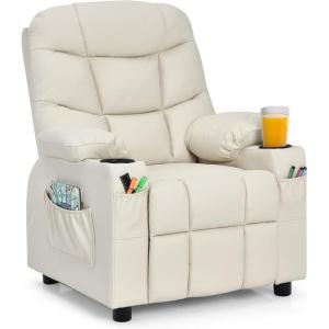 imageKids Recliner Kids Recliner Chair w 2 Cup Holders PU Leather Chairs Comfy wAdjustable Backrest ampamp 3 Pockets Toddler Furniture Sofa for Boys Girls Aged 3Beige