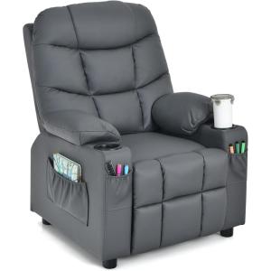 imageKids Recliner Kids Recliner Chair w 2 Cup Holders PU Leather Chairs Comfy wAdjustable Backrest ampamp 3 Pockets Toddler Furniture Sofa for Boys Girls Aged 3Grey