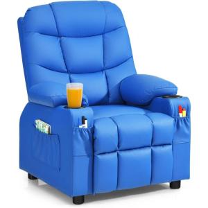 imageKids Recliner Kids Recliner Chair w 2 Cup Holders PU Leather Chairs Comfy wAdjustable Backrest ampamp 3 Pockets Toddler Furniture Sofa for Boys Girls Aged 3Blue