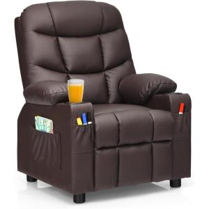 imageKids Recliner Kids Recliner Chair w 2 Cup Holders PU Leather Chairs Comfy wAdjustable Backrest ampamp 3 Pockets Toddler Furniture Sofa for Boys Girls Aged 3Brown