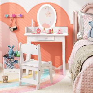 imageKids Vanity 2 in 1 Princess Dressing Table and Chair Set with Lighted Mirror ampamp Storage Drawer Wooden Toddler Make Up Desk Set for Little Girls Aged 38 Years WhiteWhite