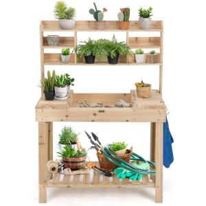 imageOutdoor Potting Bench 605 Wooden Garden Table with Storage FlipUp Tabletop Shelves ampamp Hanging Hooks Garden Work Bench for Outside Potting Table for Patio Yard Lawn Porch