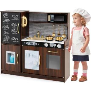 imagePlay Kitchen Wooden Kids Pretend Cooking Toy with Microwave Fridge Easy Bake Oven ChalkboardampampIce Maker Kids Kitchen Playset Toys for Girls ampamp Boys Ages 3 PinkBrown
