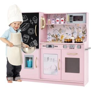 imagePlay Kitchen Wooden Kids Pretend Cooking Toy with Microwave Fridge Easy Bake Oven ChalkboardampampIce Maker Kids Kitchen Playset Toys for Girls ampamp Boys Ages 3 PinkLight Pink