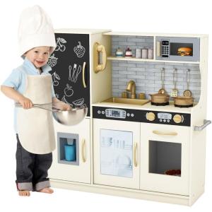 imagePlay Kitchen Wooden Kids Pretend Cooking Toy with Microwave Fridge Easy Bake Oven ChalkboardampampIce Maker Kids Kitchen Playset Toys for Girls ampamp Boys Ages 3 PinkCream