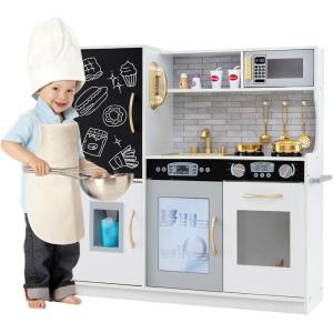 imagePlay Kitchen Wooden Kids Pretend Cooking Toy with Microwave Fridge Easy Bake Oven ChalkboardampampIce Maker Kids Kitchen Playset Toys for Girls ampamp Boys Ages 3 PinkWhite  Golden