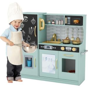 imagePlay Kitchen Wooden Kids Pretend Cooking Toy with Microwave Fridge Easy Bake Oven ChalkboardampampIce Maker Kids Kitchen Playset Toys for Girls ampamp Boys Ages 3 PinkGreen