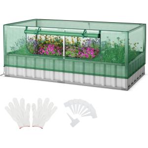 imageRaised Garden Bed with Greenhouse  69quot x 36quot x 28quot Galvanized Steel Garden Box wRollUp Zipper Window 8PCS TType Tags ampamp Gloves for Gardening Outdoor Planter Box for Vegetable Flower Herbs
