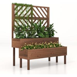 imageRaised Garden Bed with Trellis 2Tier Wood Planter Box with Freestanding Legs ampamp Drainage Holes Outdoor Raised Garden Bed for Climbing Plant Vine Vegetable