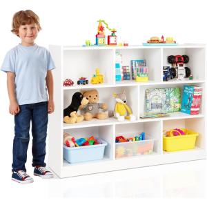 imageToys Storage Organizer 3Tier Cube Bookcase with 8 Compartments Wooden Display Cabinet for Kids Room Nursery Bedroom Classroom YellowWhite