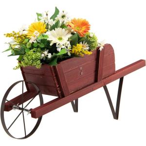 imageWooden Wagon Planter 275quotx105quotx115quot Wheelbarrow Cart Plant Pot with Halloween Decoration ampamp Mental Supports Single Wheel Movable Garden Flower Cart Planter for Yard Backyard BlueRed