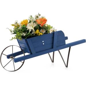 imageWooden Wagon Planter 275quotx105quotx115quot Wheelbarrow Cart Plant Pot with Halloween Decoration ampamp Mental Supports Single Wheel Movable Garden Flower Cart Planter for Yard Backyard BlueBlue