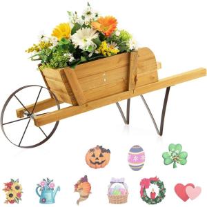imageWooden Wagon Planter 275quotx105quotx115quot Wheelbarrow Cart Plant Pot with Halloween Decoration ampamp Mental Supports Single Wheel Movable Garden Flower Cart Planter for Yard Backyard BlueWalnut