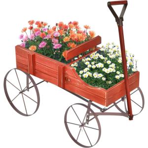 imageWooden Wagon Planter Decorative Garden Wheelbarrow Planter with 2 Planting Sections Rolling Wheels Adjustable Handle Small Wagon Cart Planter Stand for Flowers Vegetables Herbs GreenRed