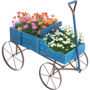 imageWooden Wagon Planter Decorative Garden Wheelbarrow Planter with 2 Planting Sections Rolling Wheels Adjustable Handle Small Wagon Cart Planter Stand for Flowers Vegetables Herbs GreenBlue