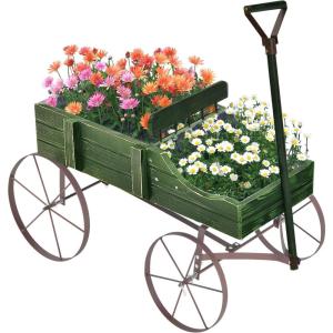 imageWooden Wagon Planter Decorative Garden Wheelbarrow Planter with 2 Planting Sections Rolling Wheels Adjustable Handle Small Wagon Cart Planter Stand for Flowers Vegetables Herbs GreenGreen